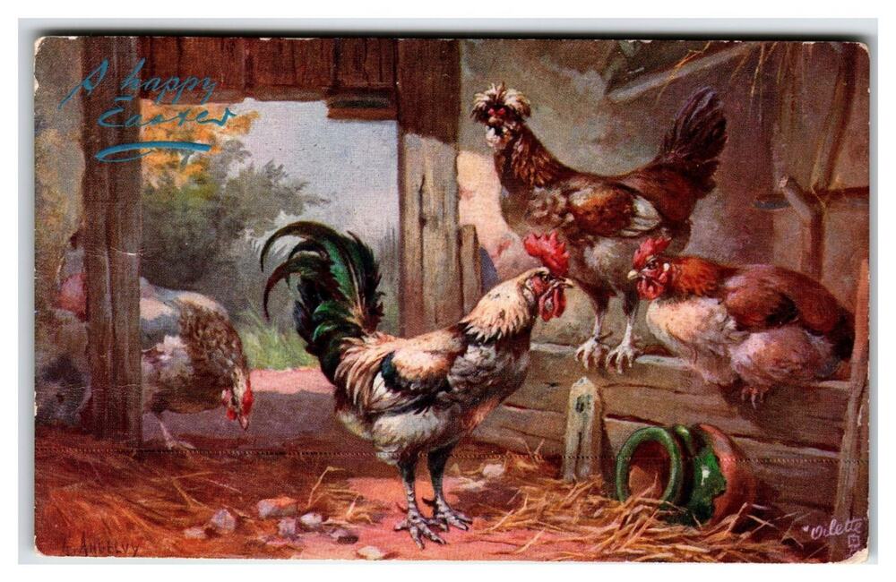 1912 Easter Oilette Postcard Chickens Rooster Hens Farmyard Raphael Tuck 9464